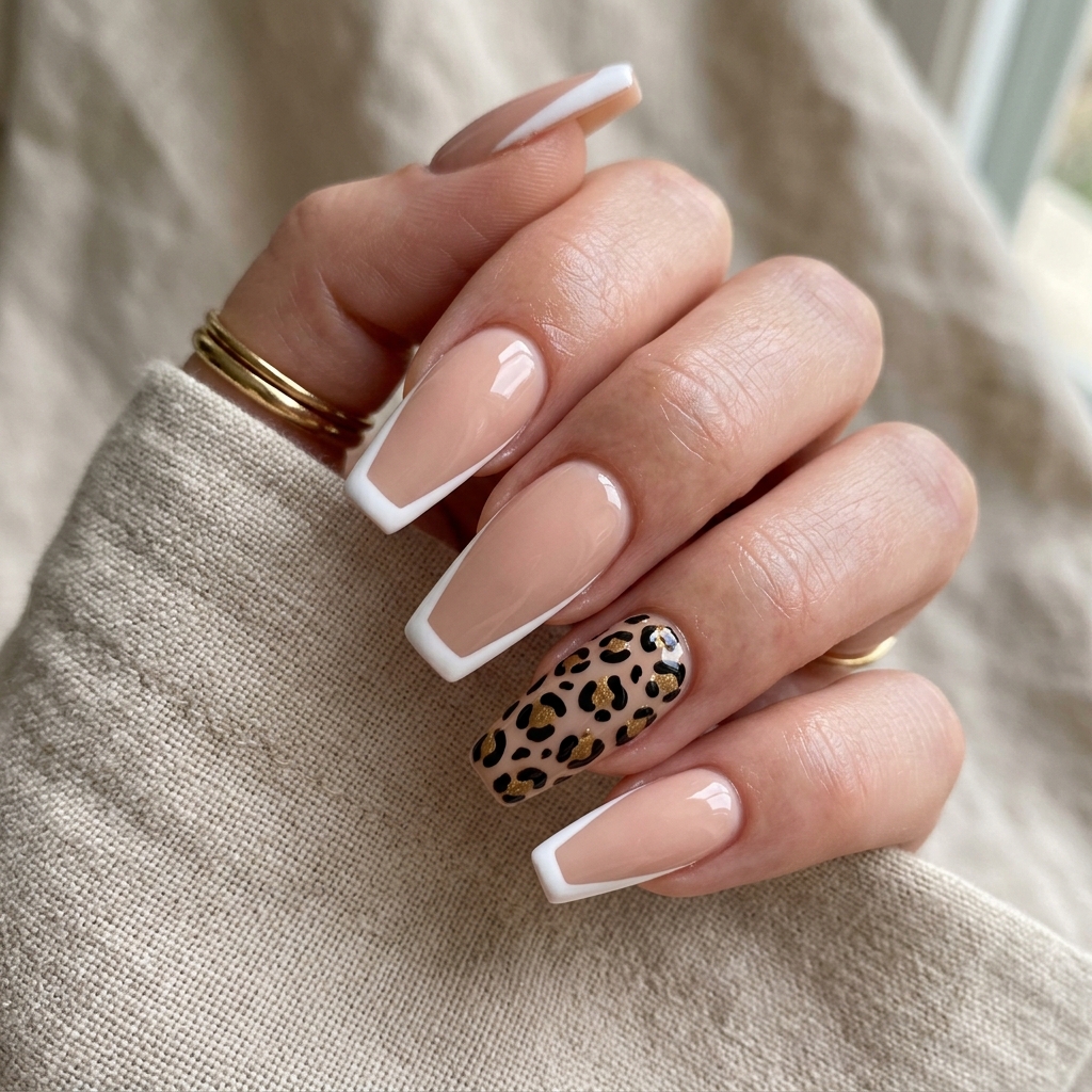 Animal Print French Tip Coffin Nail Ideas
