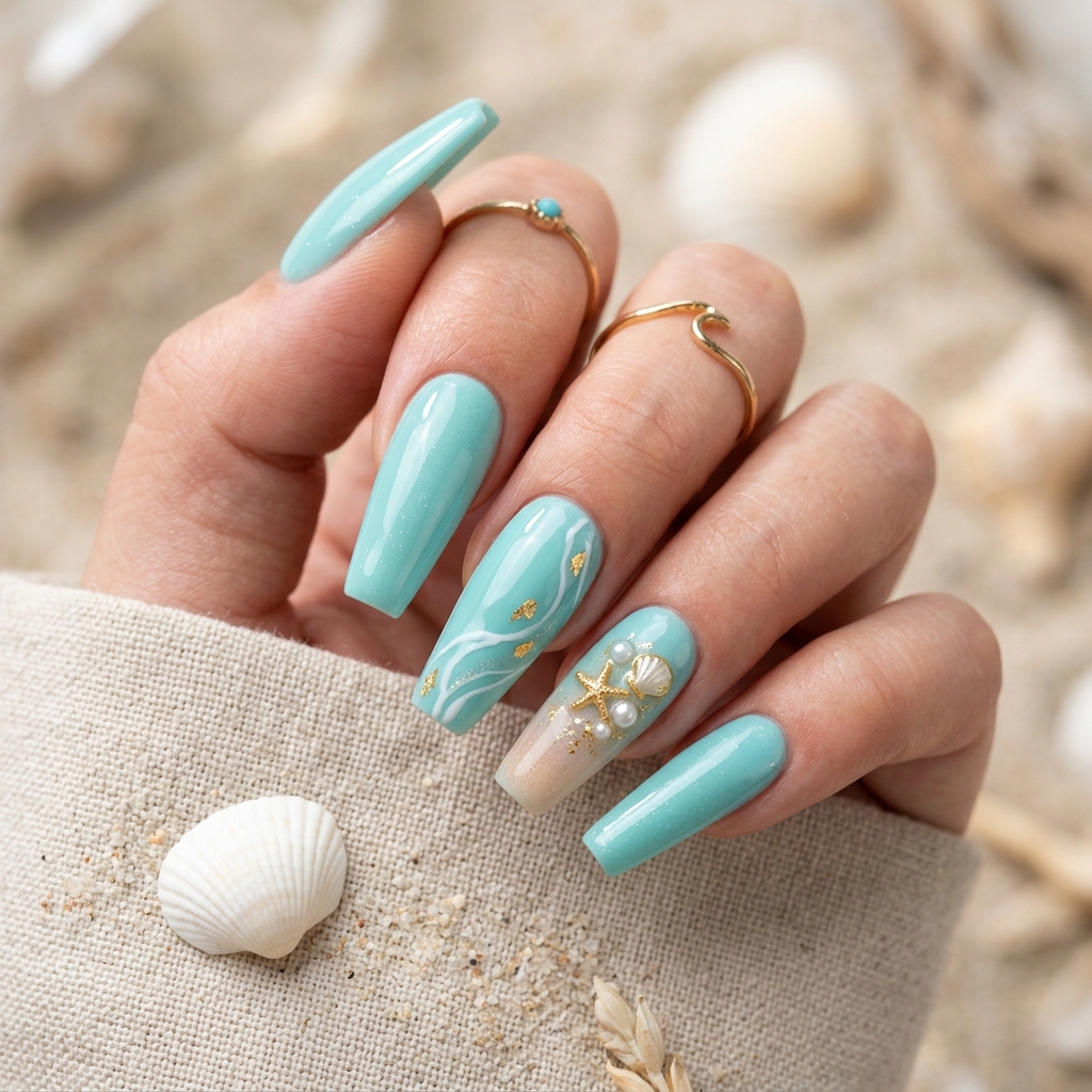 Beach Nail Ideas: 30 Refreshing Designs to Inspire Your Summer Manicure 12 Beach Nail Idea Coffin Shape