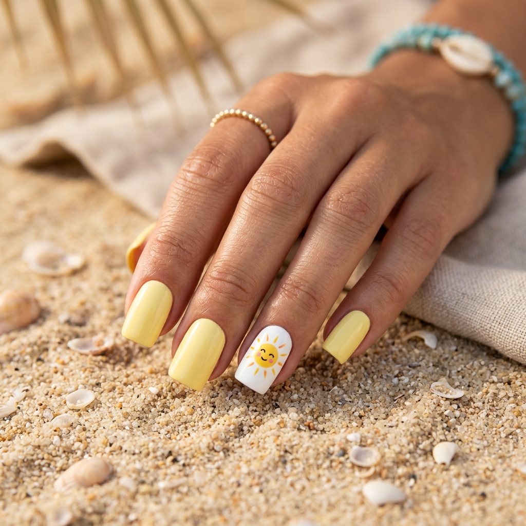 Beach Nail Ideas: 30 Refreshing Designs to Inspire Your Summer Manicure 17 Beach Nail Ideas with Sun Design