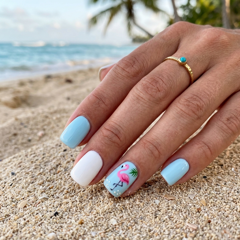Beach Nail Ideas: 30 Refreshing Designs to Inspire Your Summer Manicure 22 Beach Nail Idea with Flamingo Design