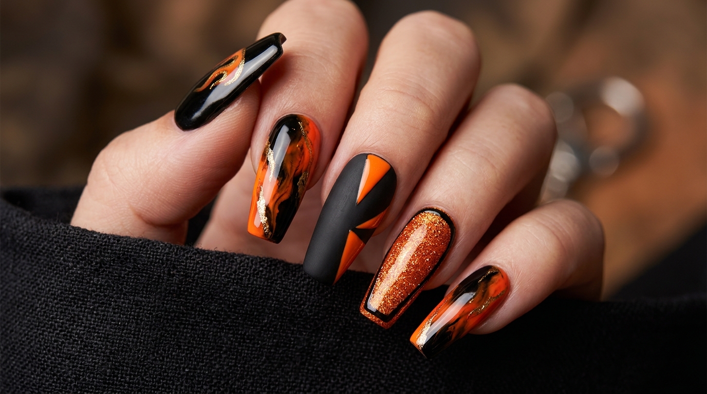 black and orange nails