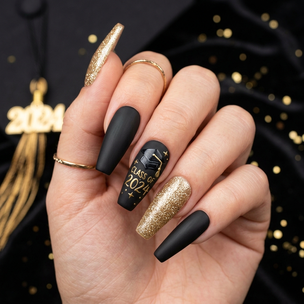 Black and Gold Graduation Nail Designs