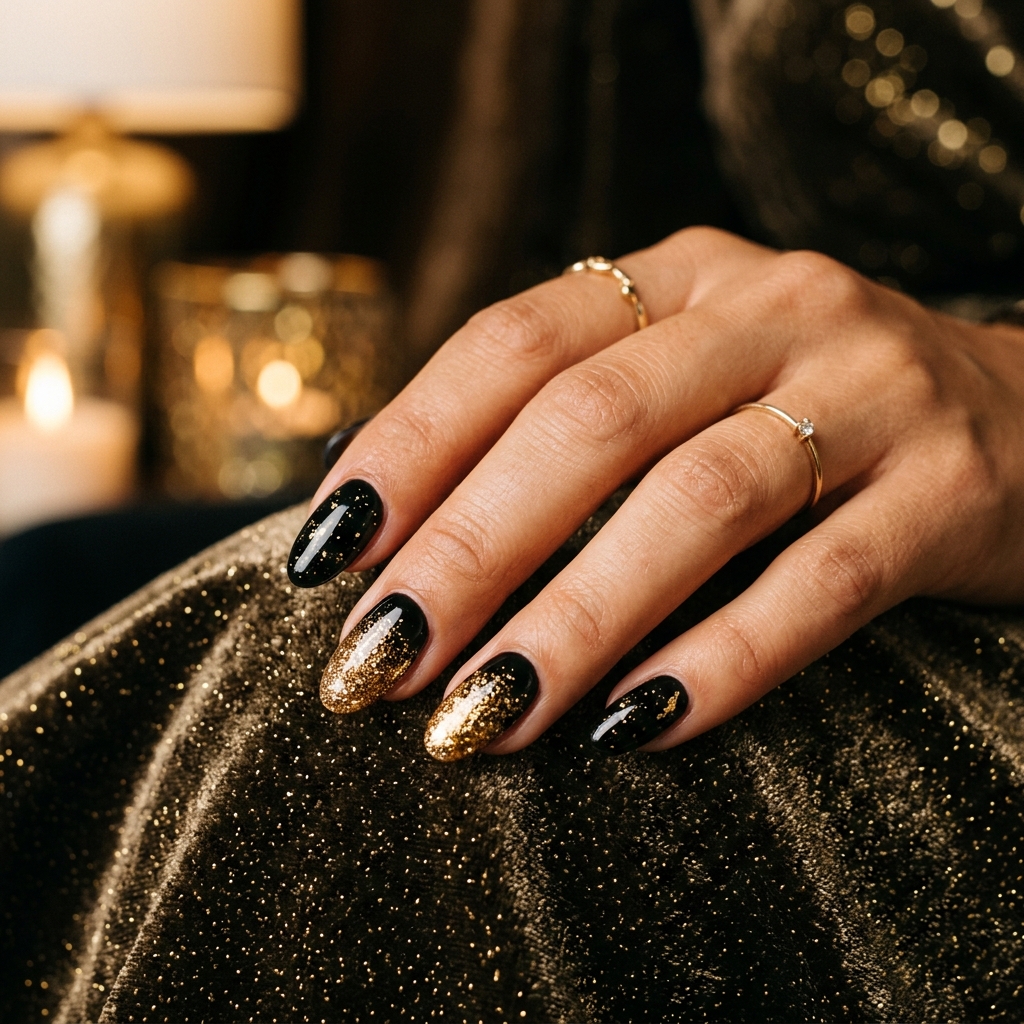 Black Sparkly Nails: 30 Creative Ideas to Inspire Your Next Manicure 8 Gold and Black Sparkly Nails Ideas