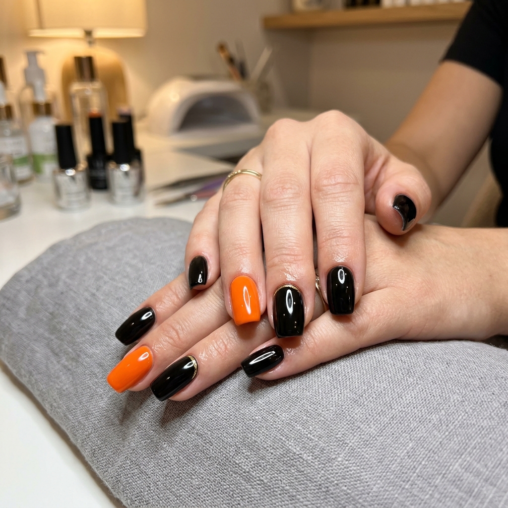 Gel Black and Orange Nails Ideas