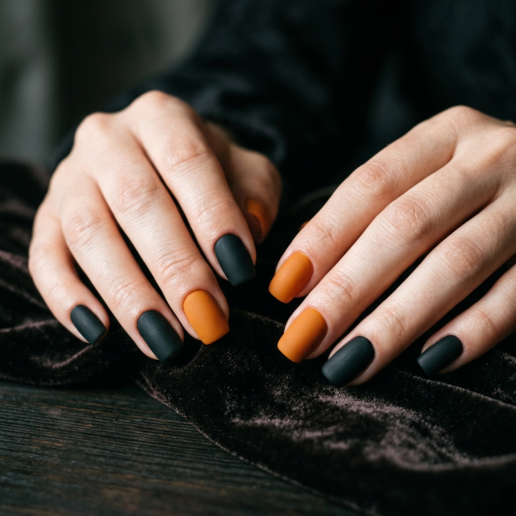 Matte Black and Orange Nails Ideas