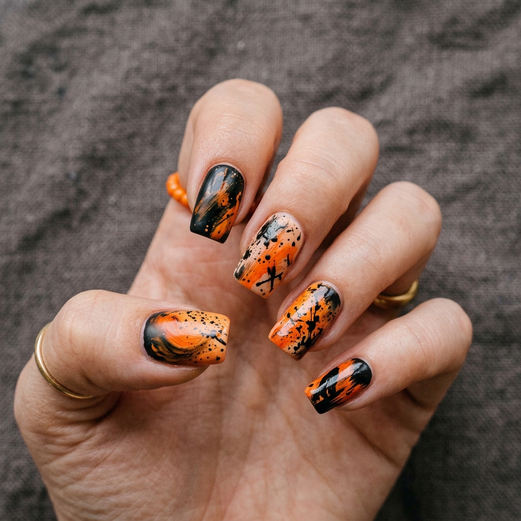 Abstract Black and Orange Nails Ideas