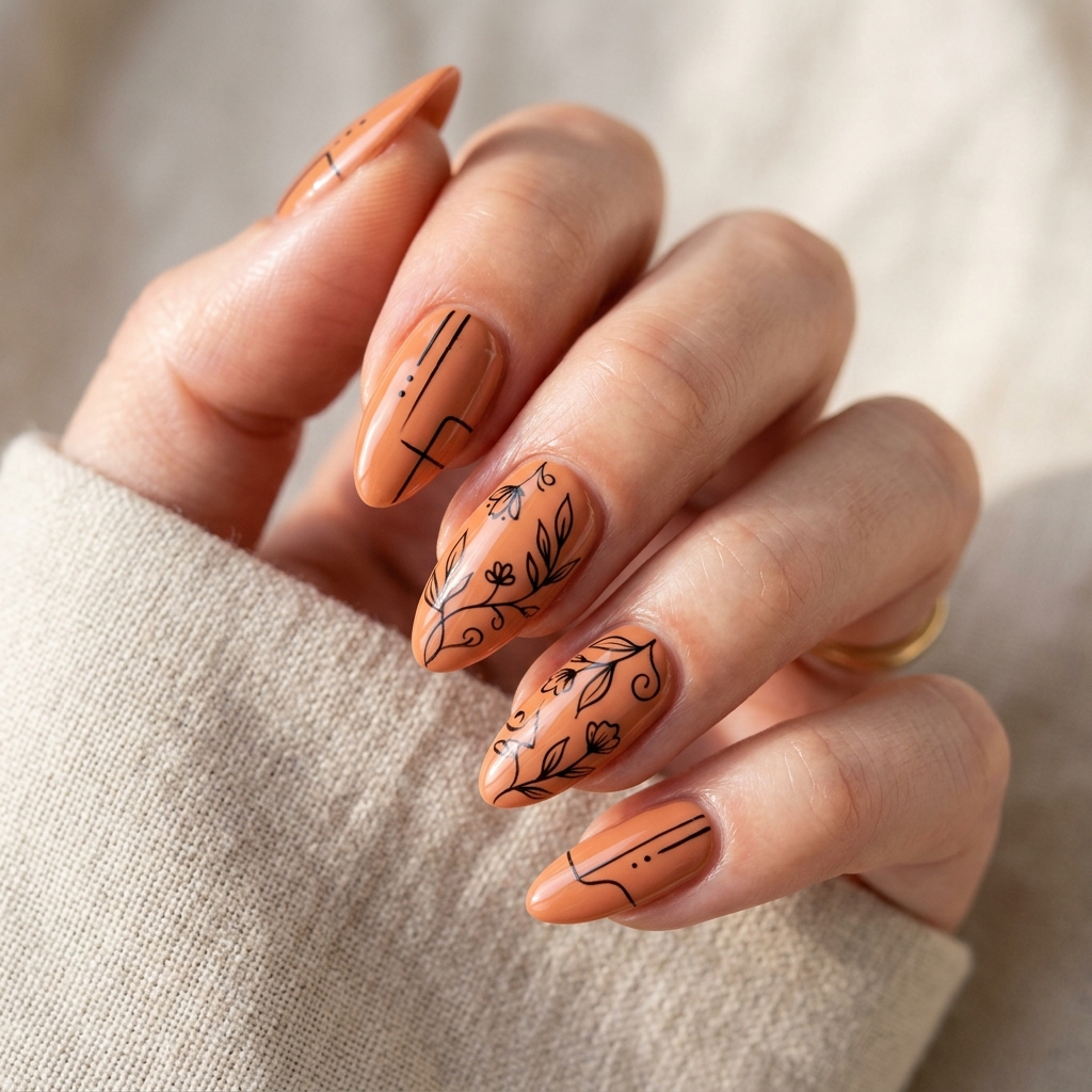 Almond Black and Orange Nails Ideas