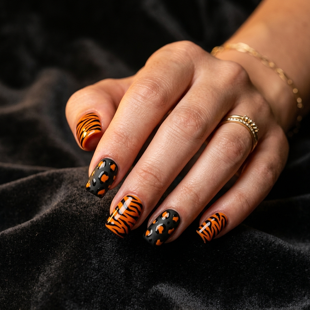 Animal Print Black and Orange Nails Ideas