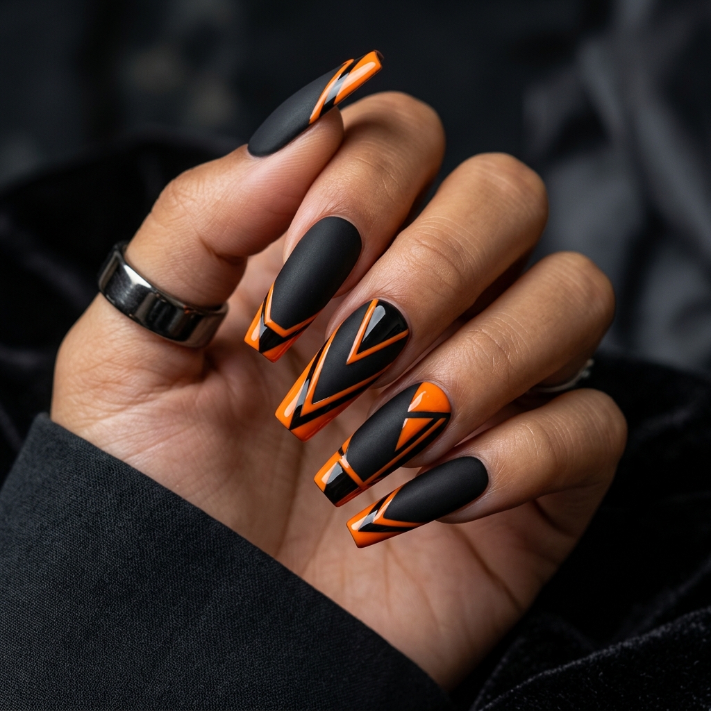 Coffin Black and Orange Nails Ideas