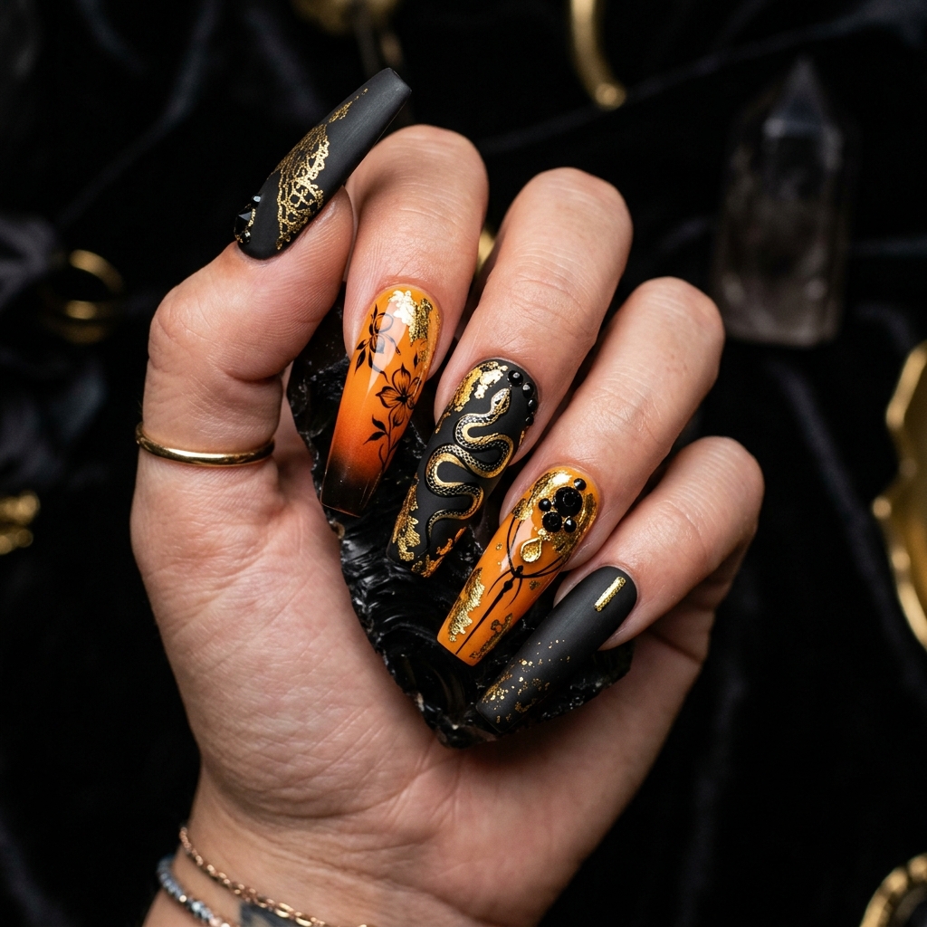 Black and Orange Coffin Acrylic Nail Ideas