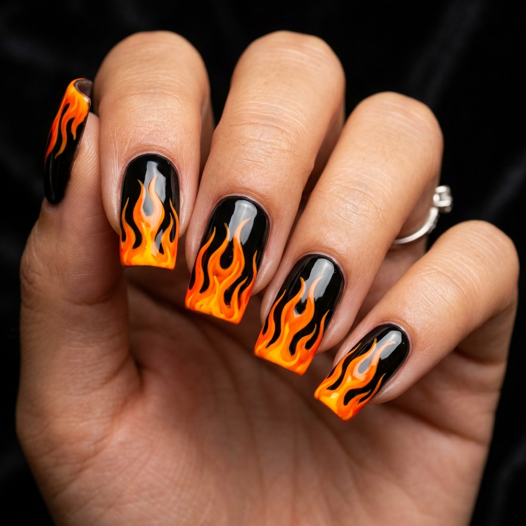 Black and Orange Flame Nail Ideas