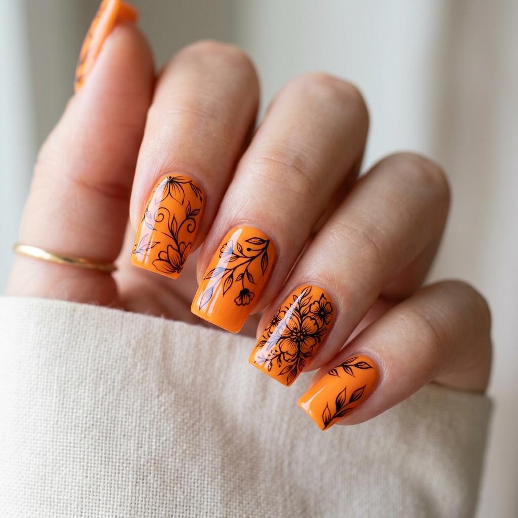 Floral Black and Orange Nails Ideas
