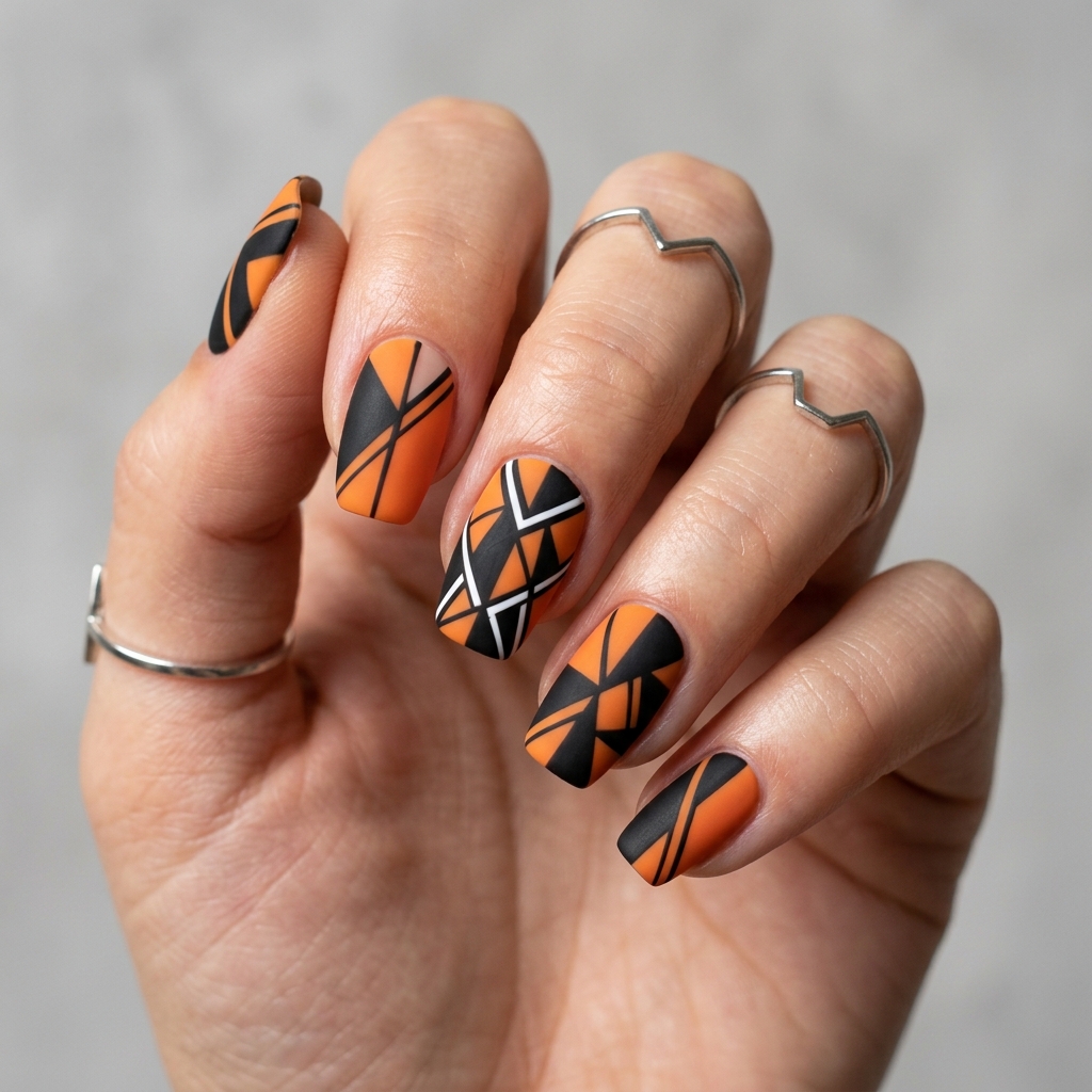 Geometric Black and Orange Nails Ideas