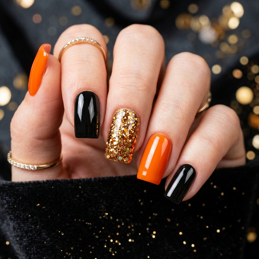 Glitter Black and Orange Nails Ideas