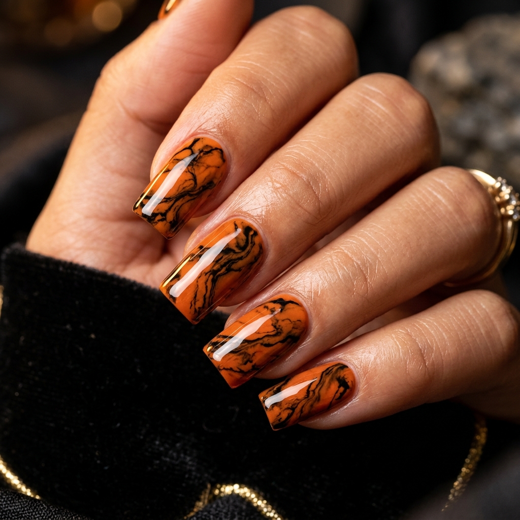Marble Black and Orange Nails Ideas