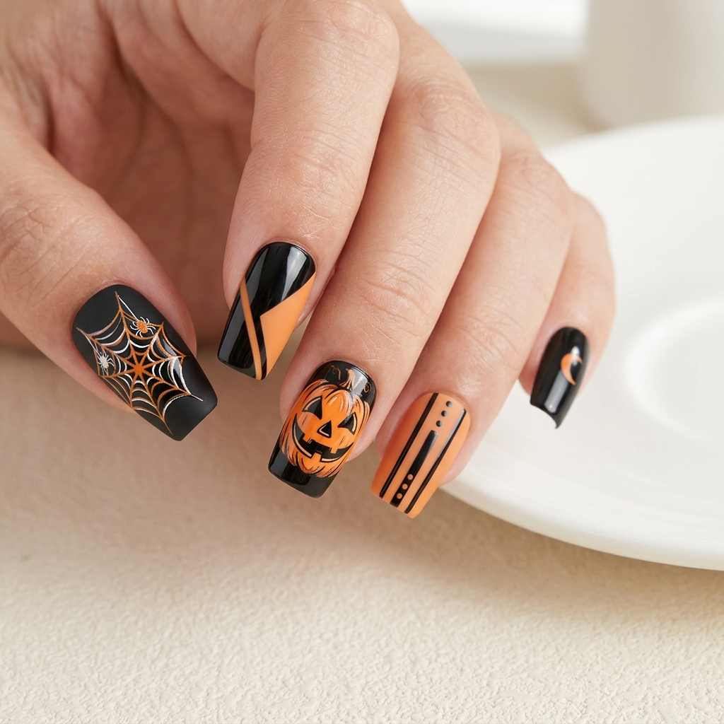Press-On Black and Orange Nails Ideas