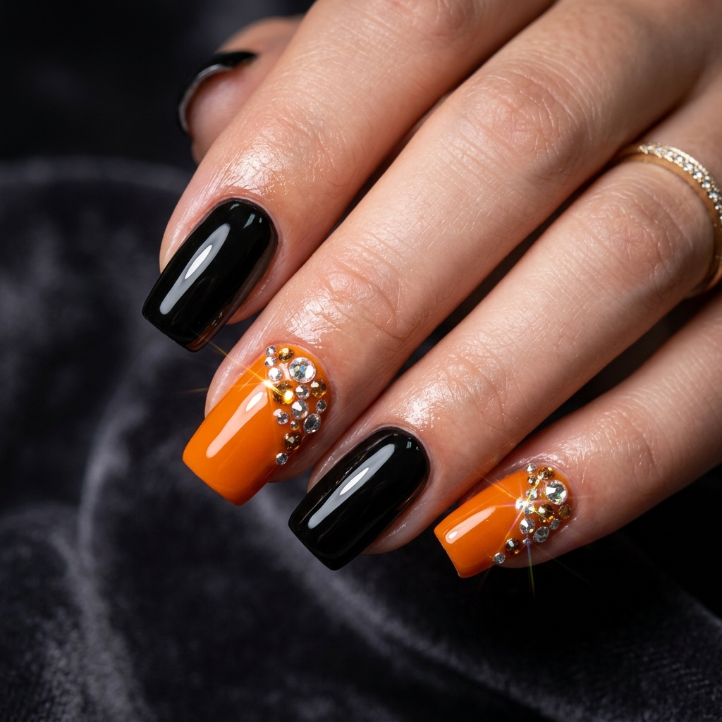 Black and Orange Rhinestone Nail Ideas