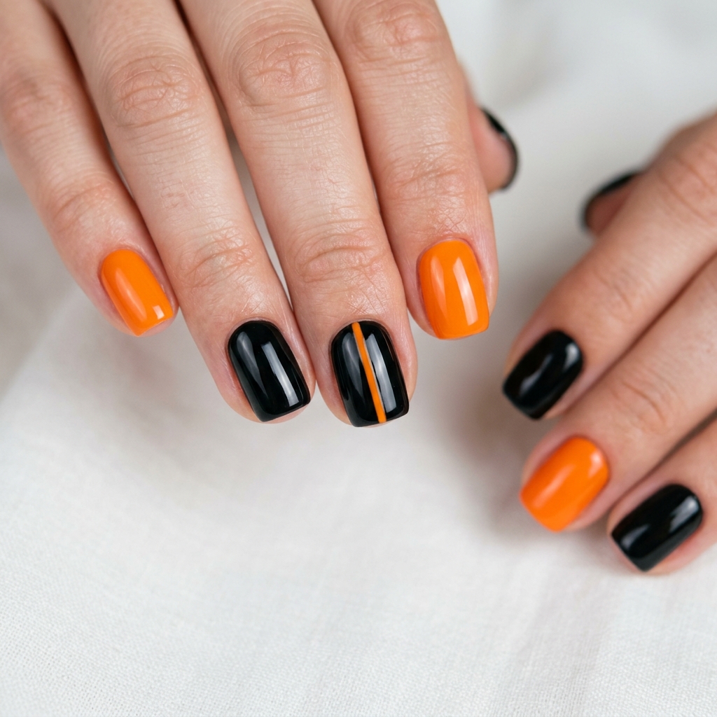 Short Black and Orange Nails Ideas