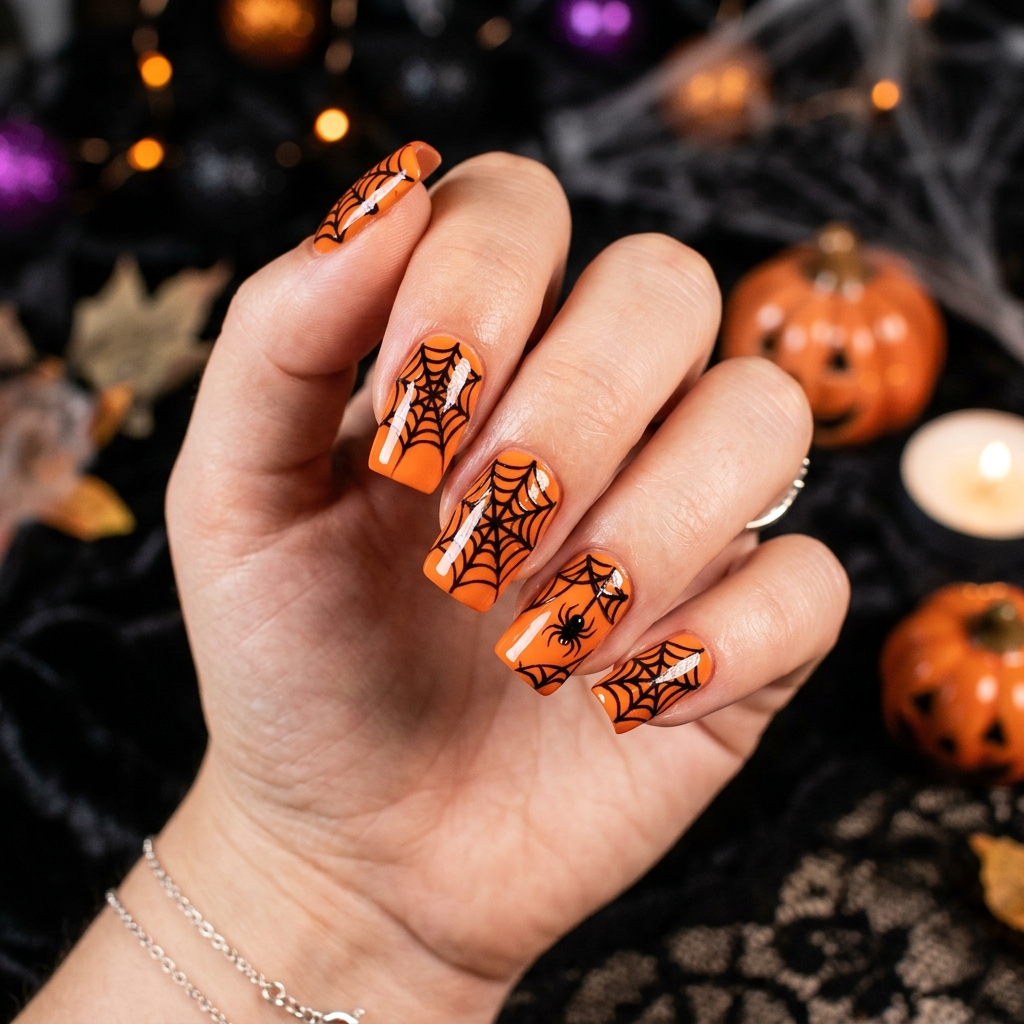 Black and Orange Spider Web Nail Ideas