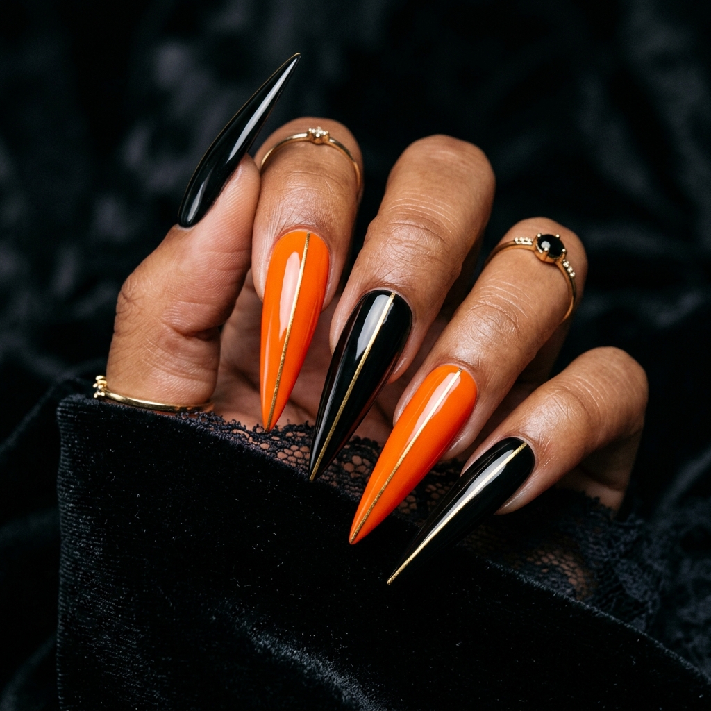 Stiletto Black and Orange Nails Ideas