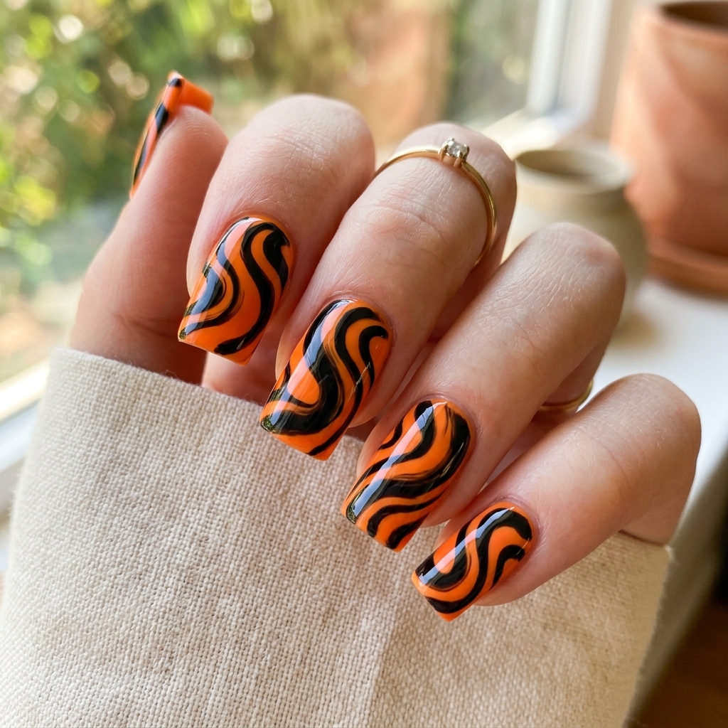 Swirl Black and Orange Nails Ideas