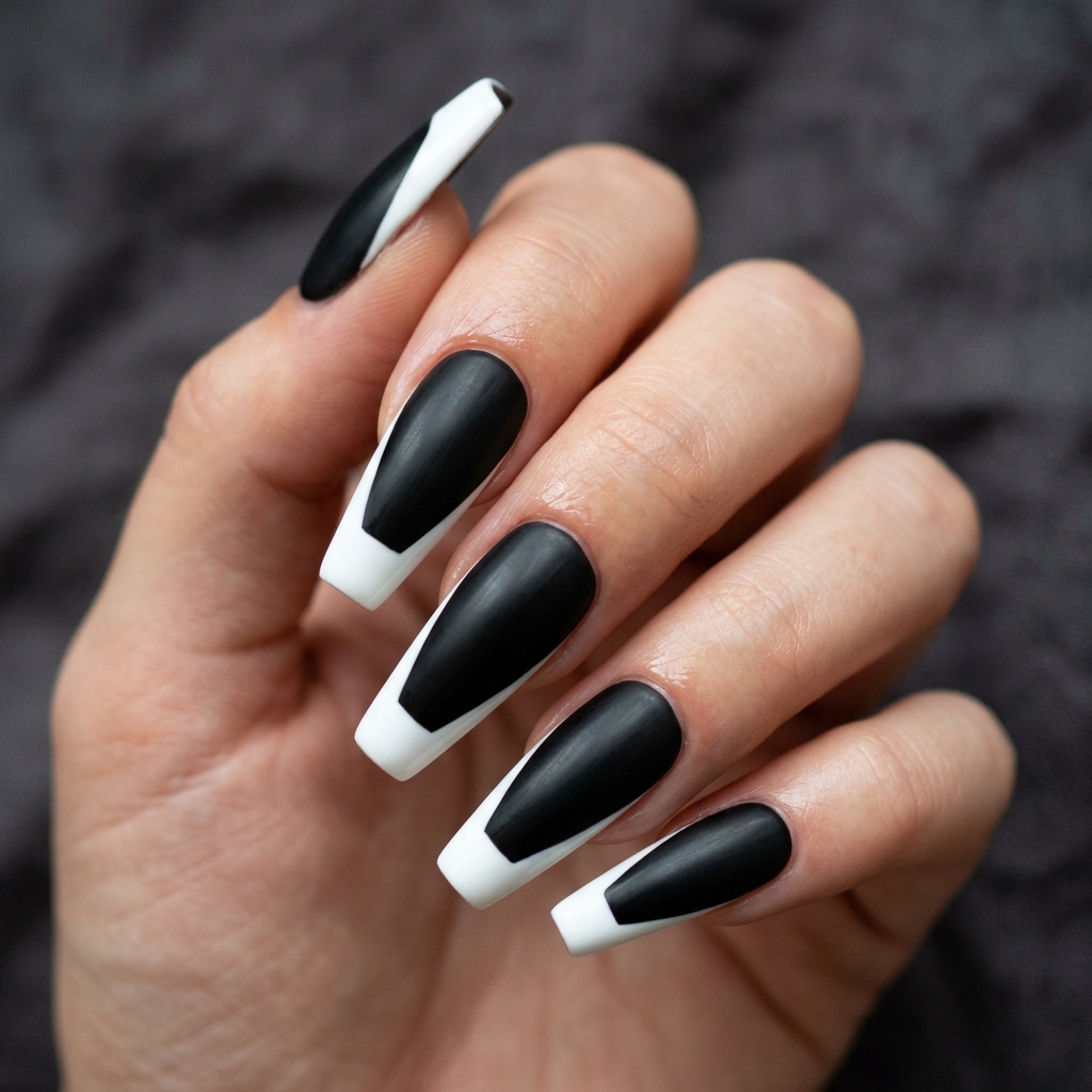 Black and White French Tip Coffin Nails Ideas