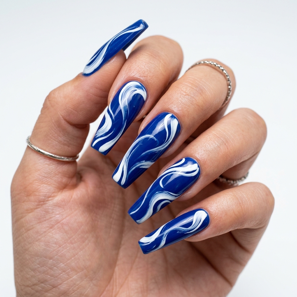 Blue Swirl Coffin Nail Ideas
