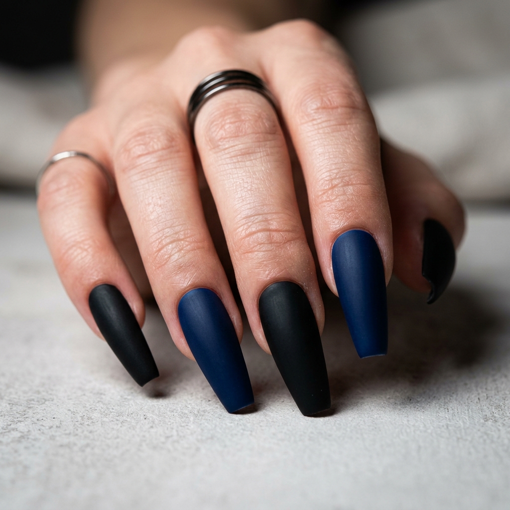 Blue and Black Coffin Nail Ideas