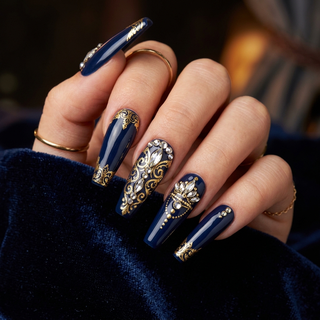 Blue and Gold Coffin Nail Ideas