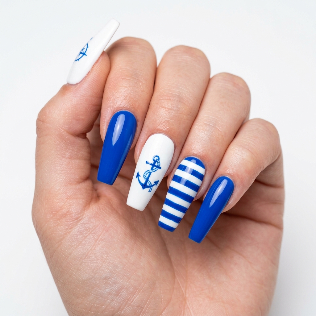 Blue and White Coffin Nail Ideas