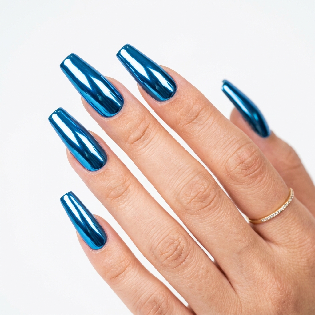 Blue Chrome Coffin Nail Ideas