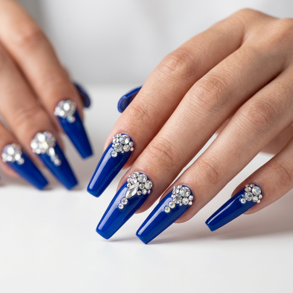 Blue Coffin Nail Ideas with Rhinestones