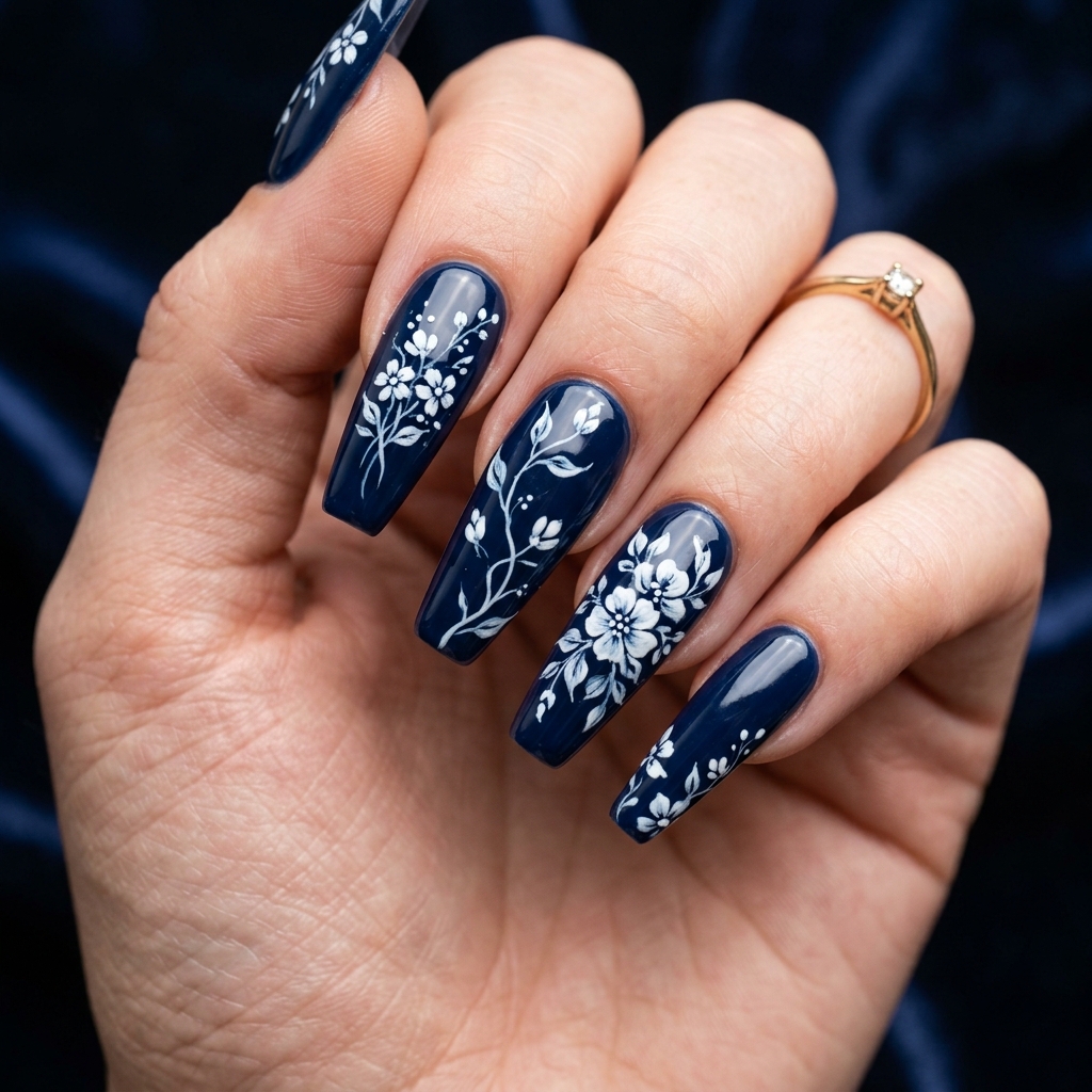Blue Floral Coffin Nail Ideas