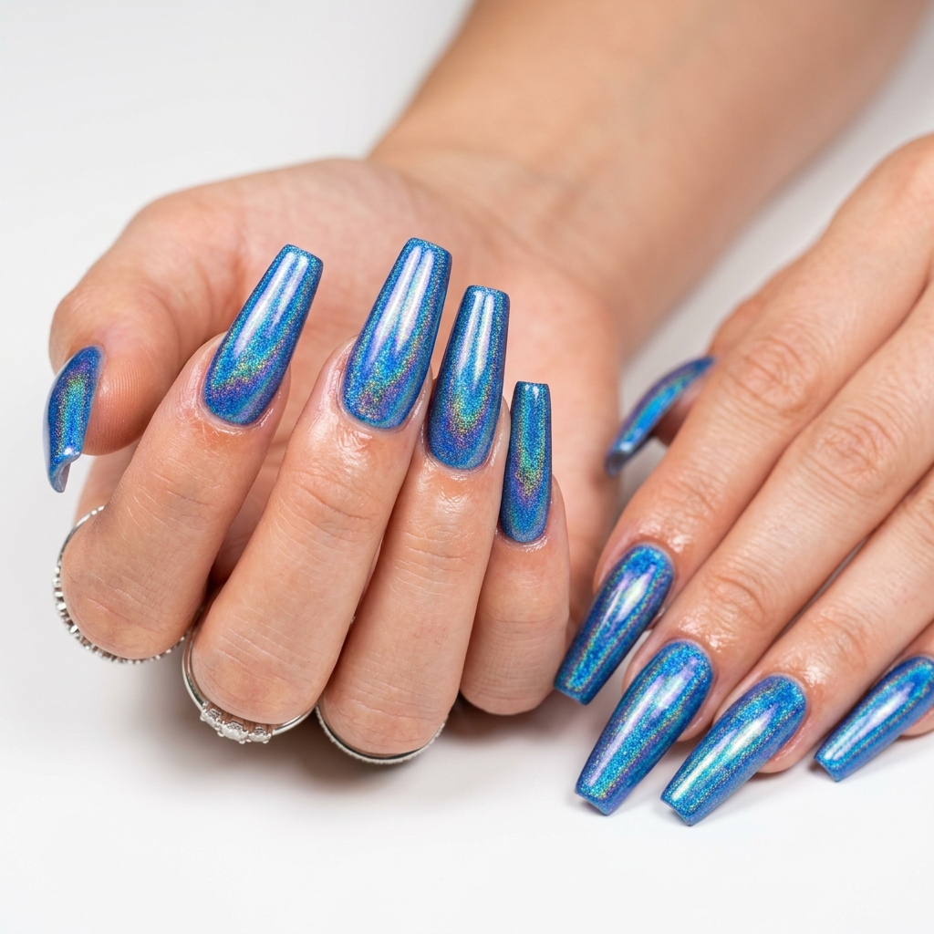 Blue Holographic Coffin Nail Ideas