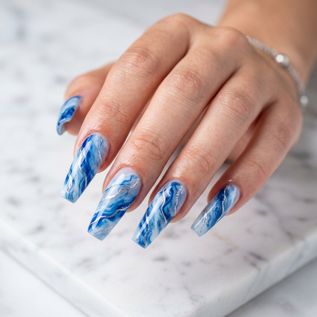 Marble Blue Coffin Nails Ideas