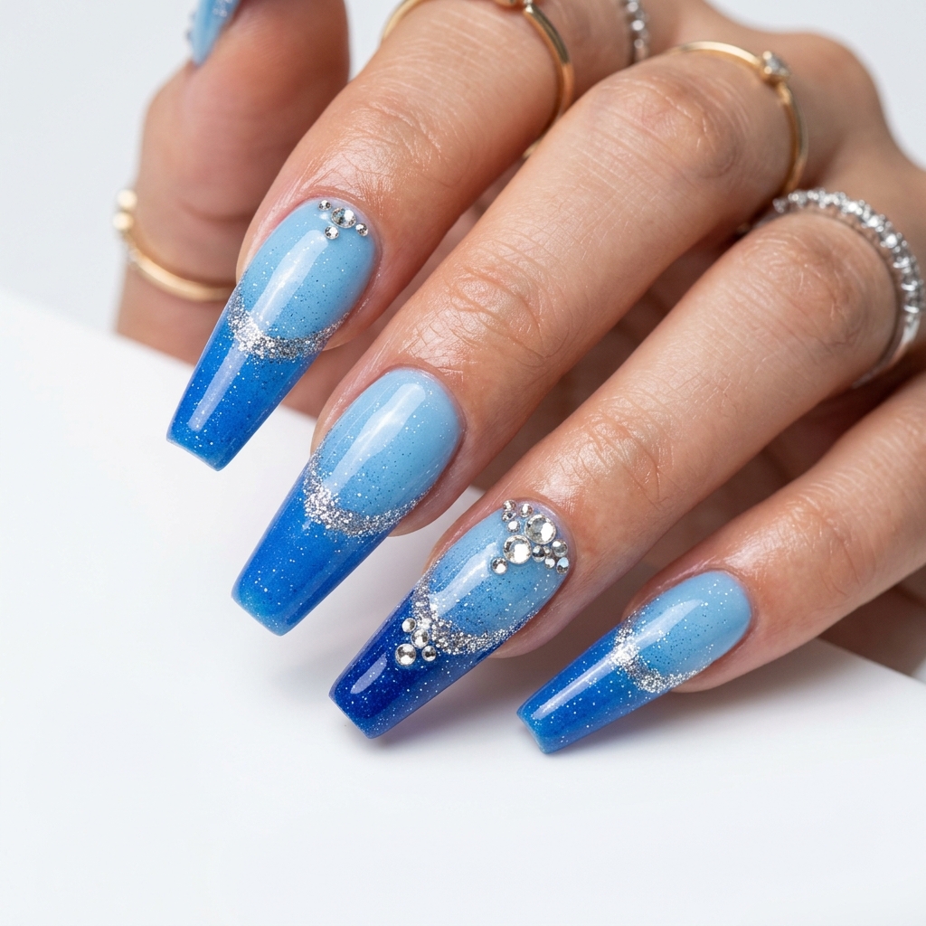 Blue Ombre Coffin Nail Ideas with Glitter