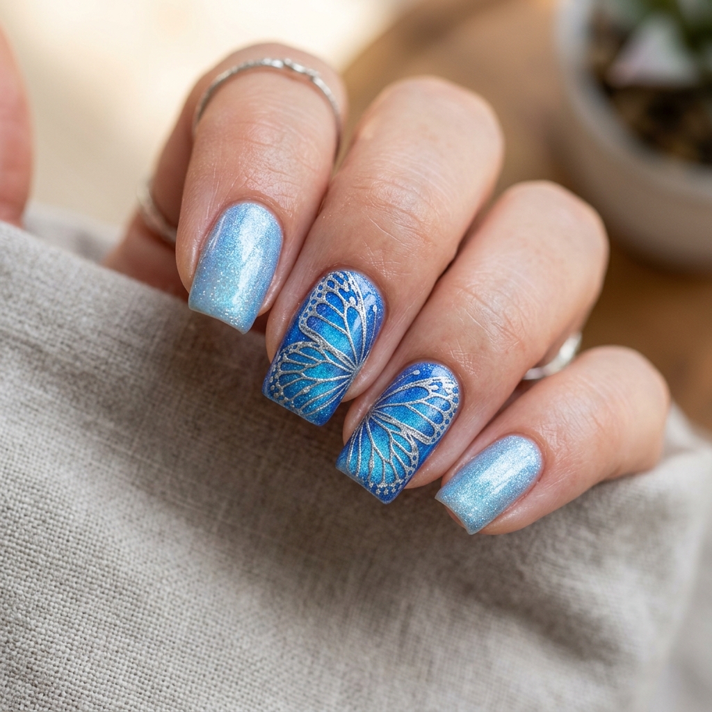 Blue and Silver Nail Designs Ideas: 30 Stunning Looks to Try Now 26 Butterfly Blue and Silver Nail Designs Ideas