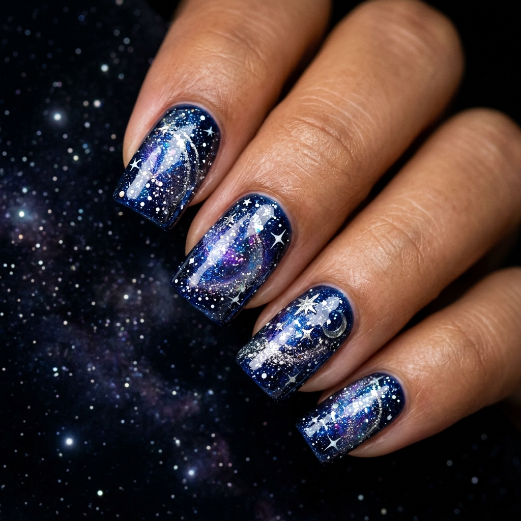 Blue and Silver Nail Designs Ideas: 30 Stunning Looks to Try Now 11 Galaxy Blue and Silver Nail Designs Ideas