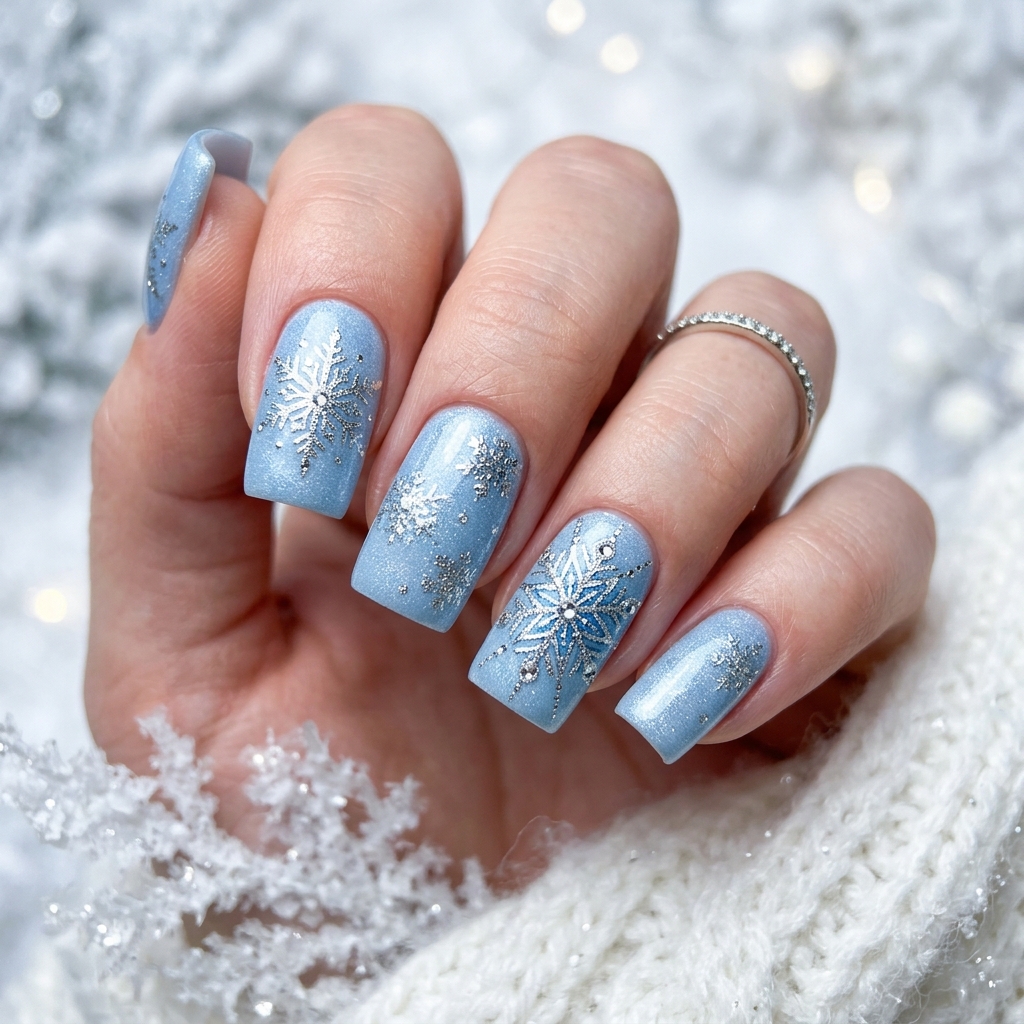 Blue and Silver Nail Designs Ideas: 30 Stunning Looks to Try Now 7 Snowflake Blue and Silver Nail Designs Ideas