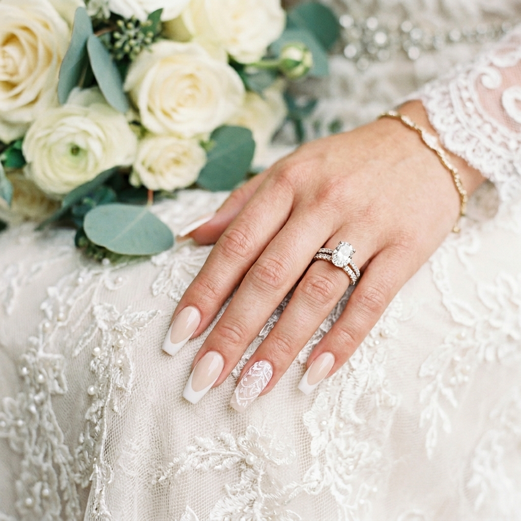 Bridal French Tip Coffin Nail Ideas