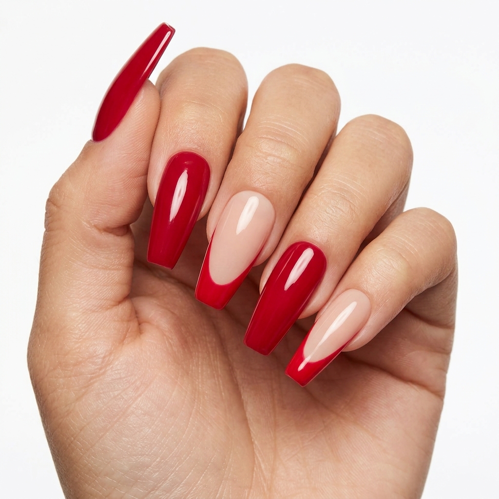 Coffin Cherry French Tip Nails Ideas