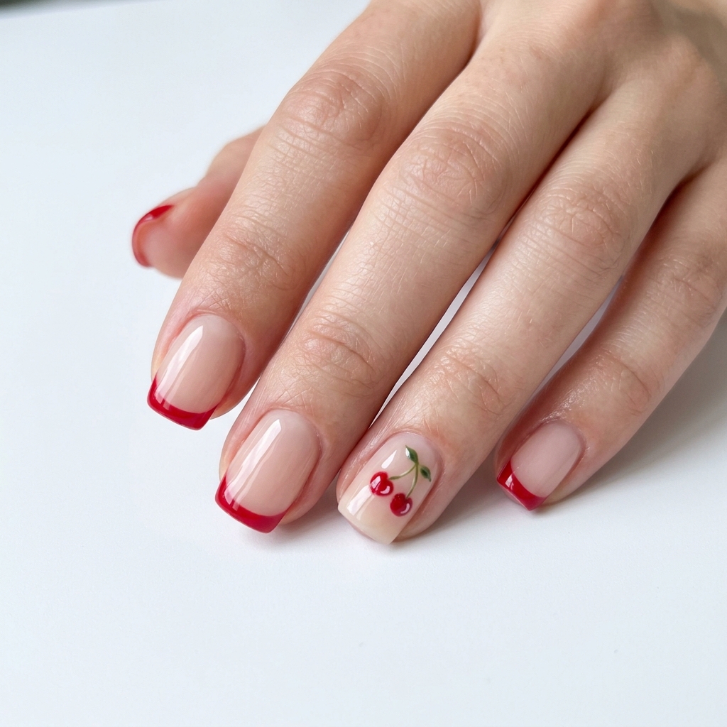 Cherry French Tip Nails on Short Nails Ideas