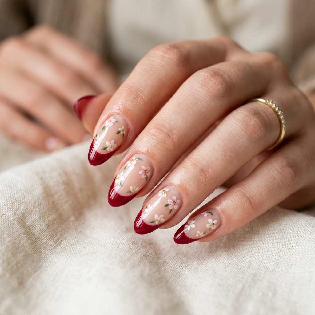 Cherry French Tip Nails with Floral Art Ideas
