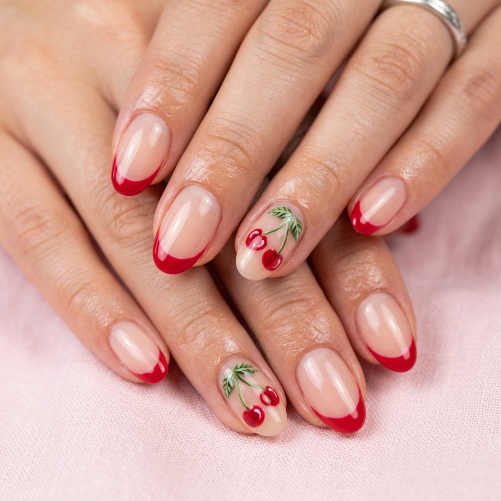 Cherry French Tip Nails with Fruit Art Ideas
