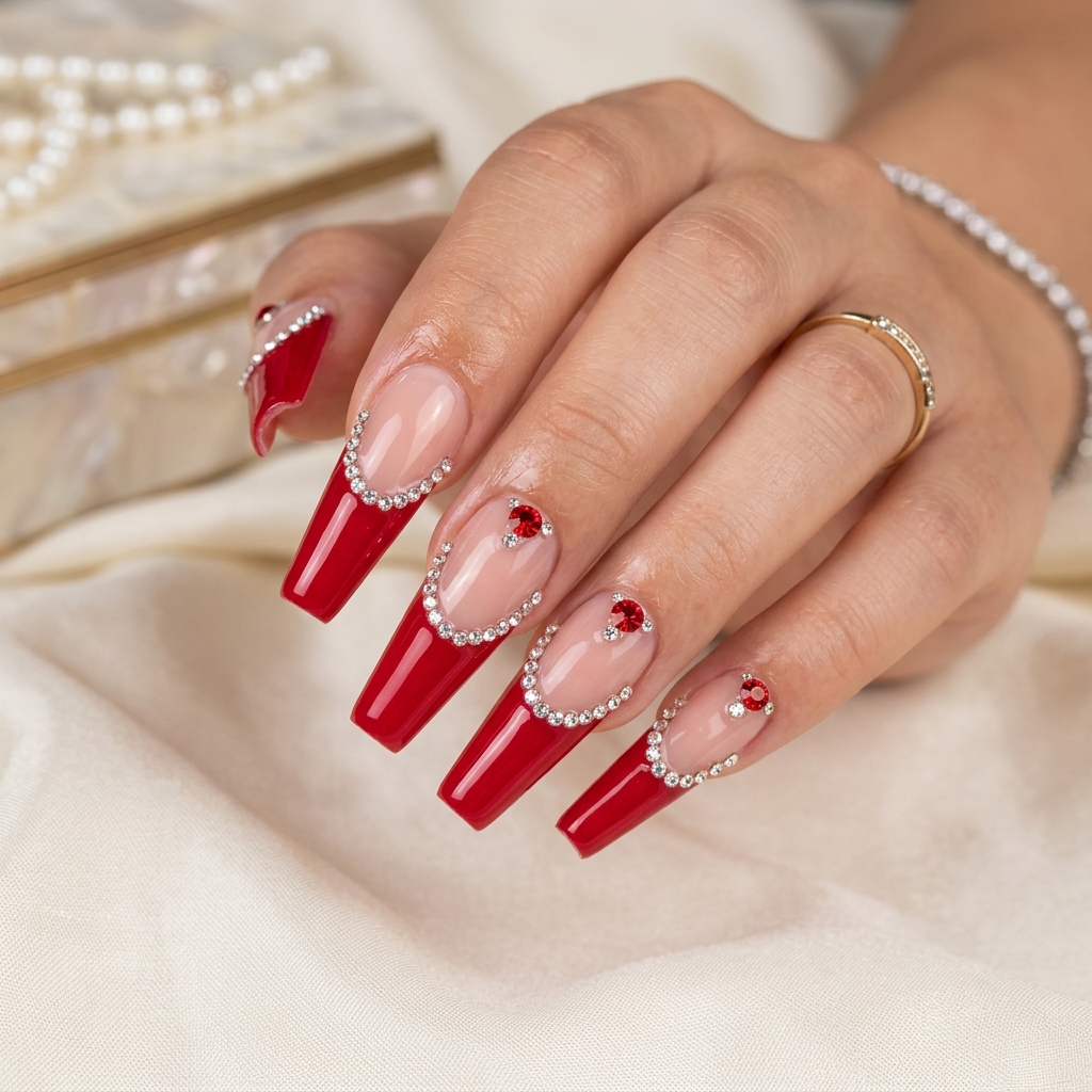 Cherry French Tip Nails with Rhinestones Ideas