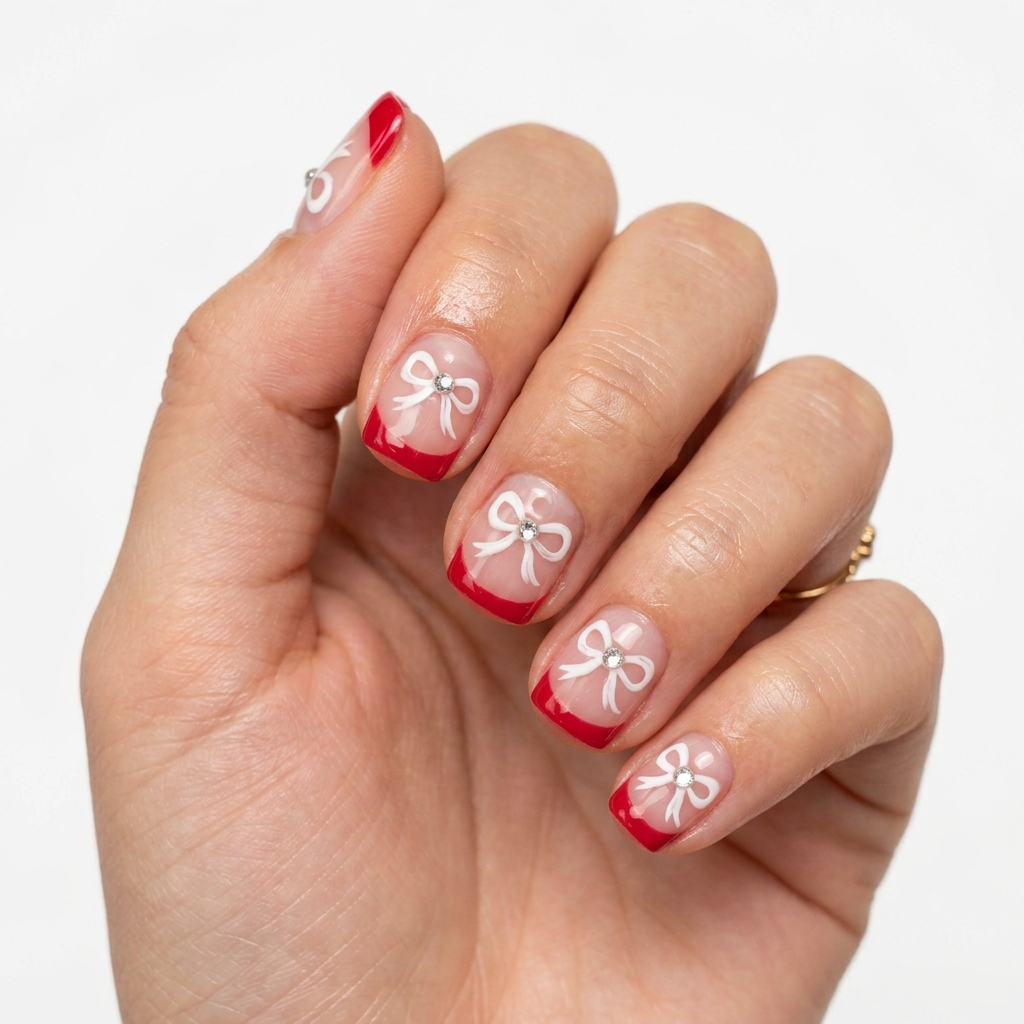 Cherry French Tip Nails with Bow Details Ideas