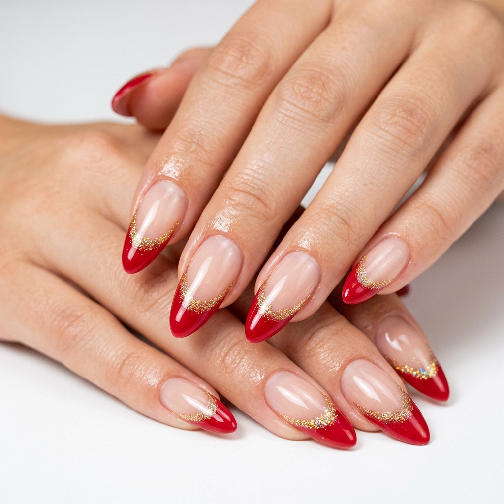 Cherry French Tip Nails with Glitter Ideas