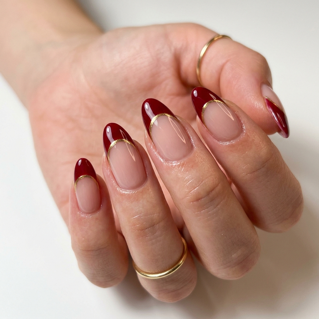 Cherry French Tip Nails with Gold Accents Ideas