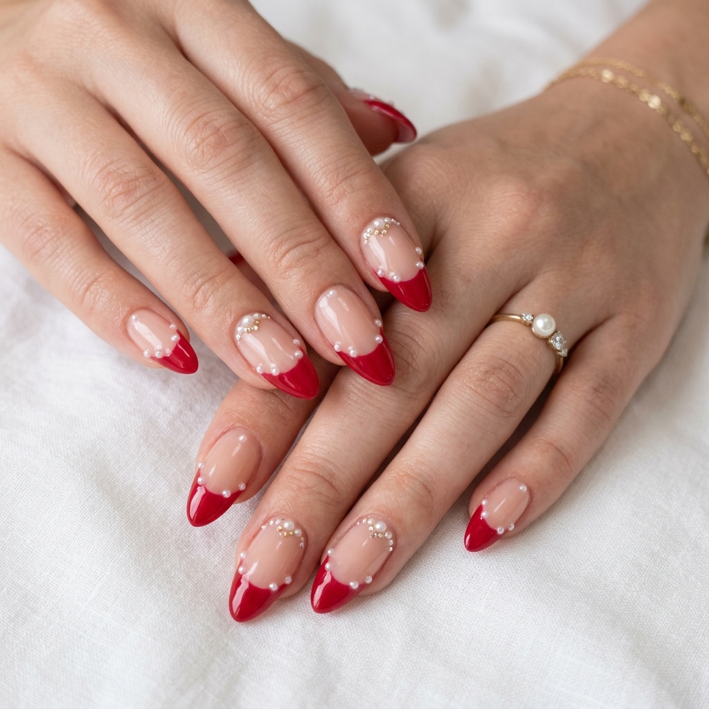 Cherry French Tip Nails with Pearl Details Ideas