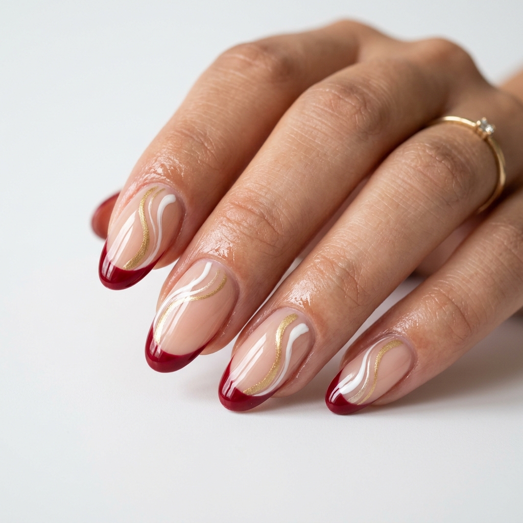 Cherry French Tip Nails with Swirl Details Ideas